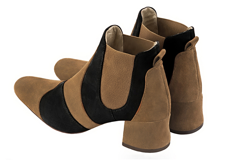 Biscuit beige and matt black women's ankle boots, with elastics. Round toe. Low flare heels. Rear view - Florence KOOIJMAN